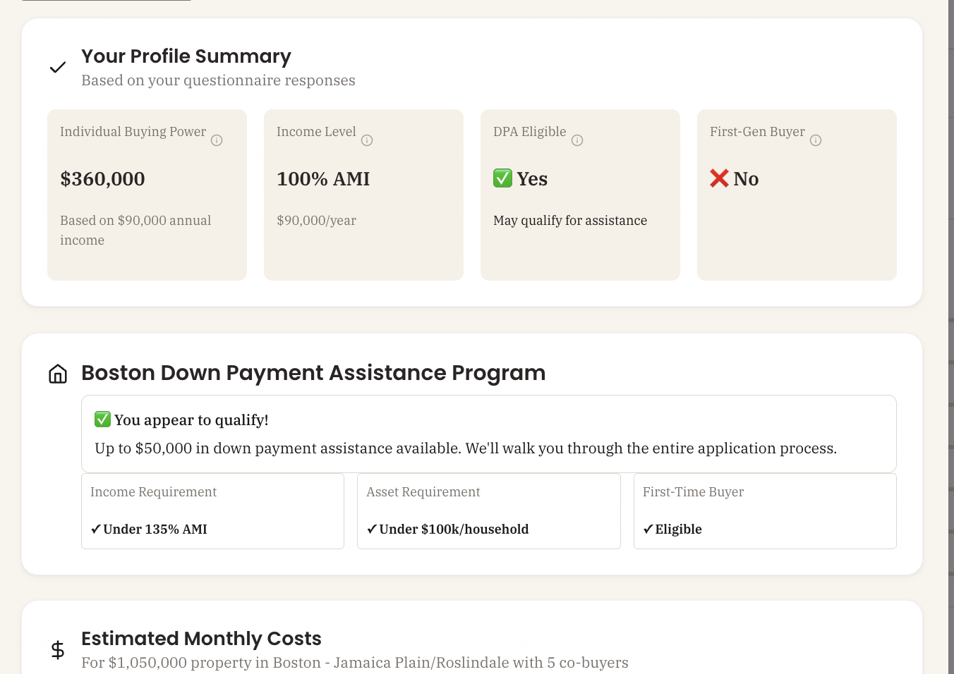 Your Profile Summary screen showing buying power, income level, and DPA eligibility